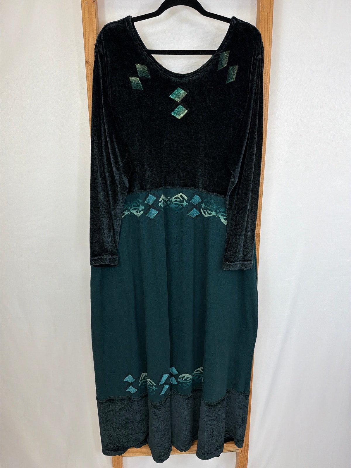 Blue Fish Green Velvet & Cotton Long Sleeve Maxi Dress Usa Size 2 Xl Xxl